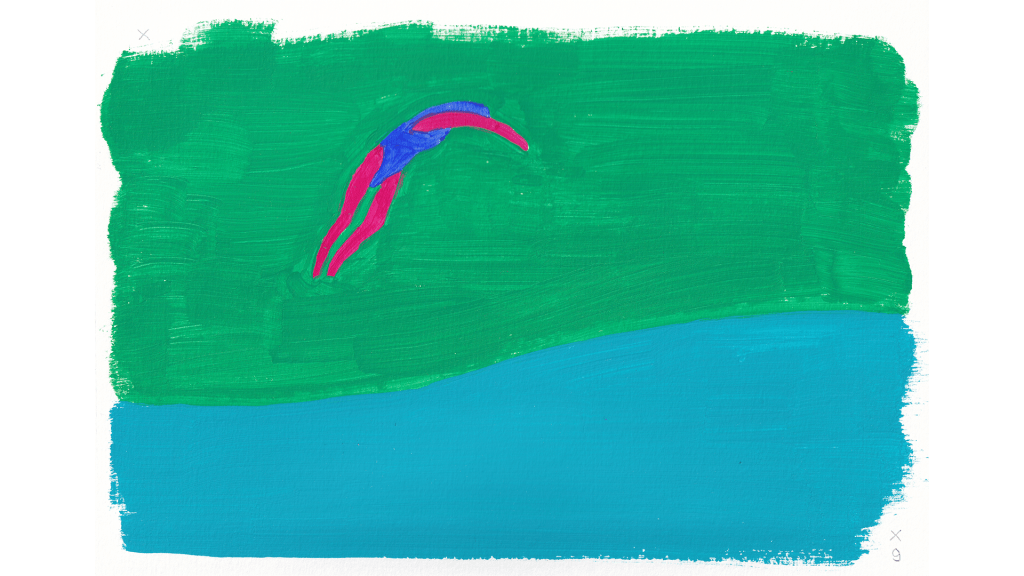 Looped animation of a girl making a splash as she jumps into the water, hand-painted in acrylic