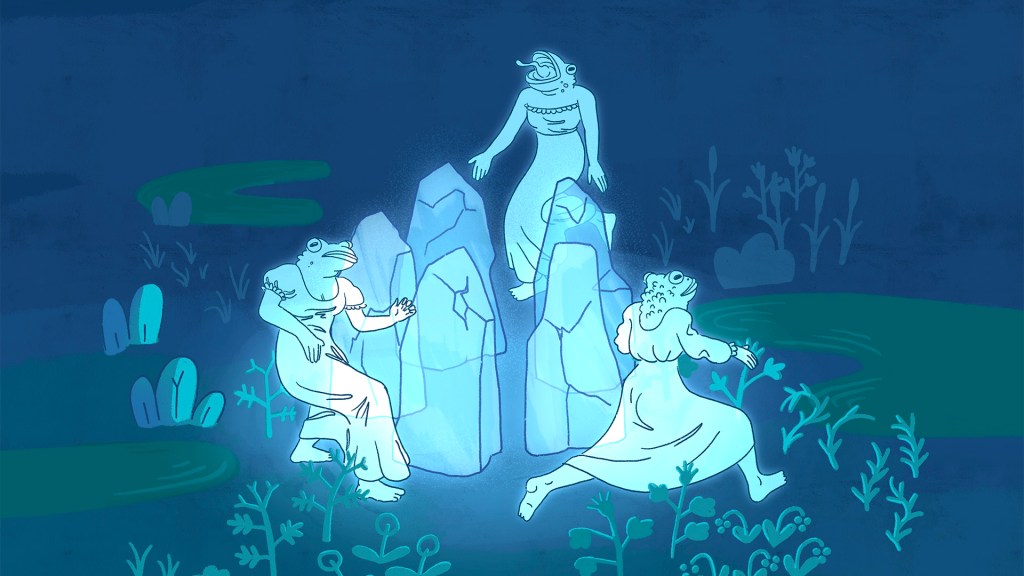 Fantasy illustration of nocturnal rusalkas performing a ritual in a moonlit wetland, atmospheric hand-painted scene.