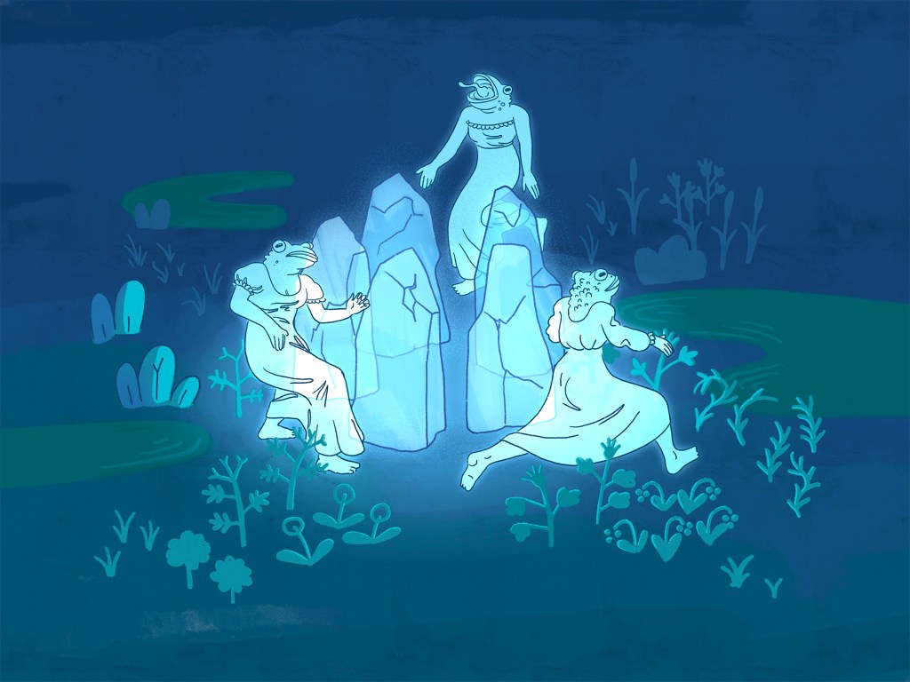 Fantasy illustration of nocturnal rusalkas performing a ritual in a moonlit wetland, atmospheric hand-painted scene.