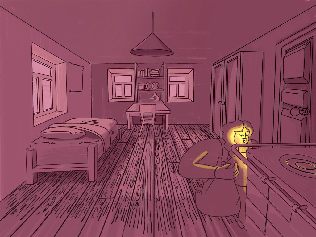 Illustrated interior scene of a solitary researcher inside a cabin, atmospheric storytelling illustration with natural textures.