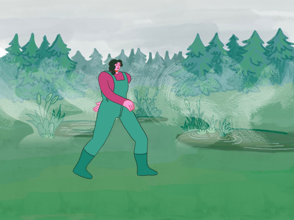 Narrative illustration of a biologist walking through a dark swamp landscape at night, hand-painted environmental artwork.