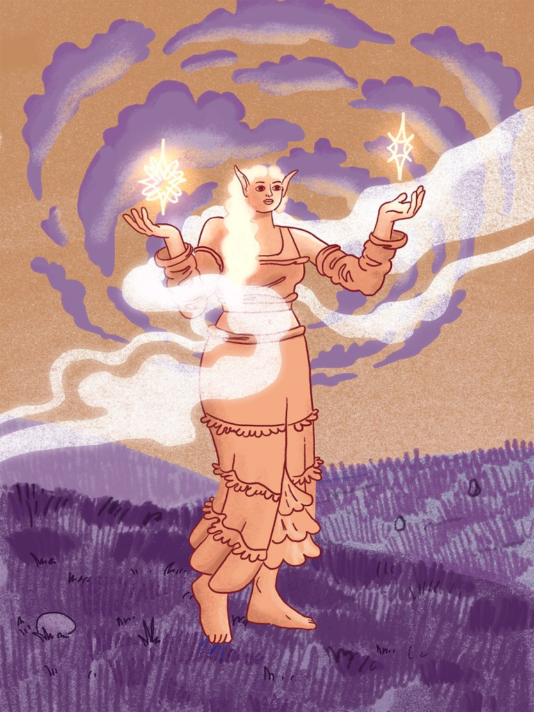 Book cover illustration for The King of Elfland’s Daughter, a classic fantasy novel.