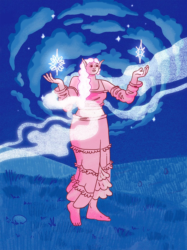 Book cover illustration for The King of Elfland’s Daughter, a classic fantasy novel.